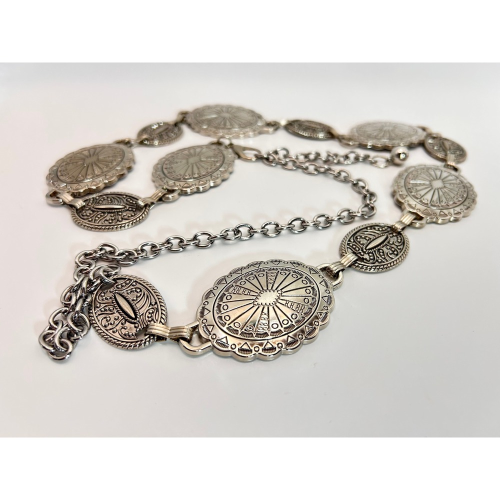 Concho Chain Belt Womens OS Silver Good Western Boho Adjustable Metal